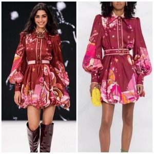 Zimmermann Concert Bubble Shirt Dress in Plum Collage 100% Silk Twill